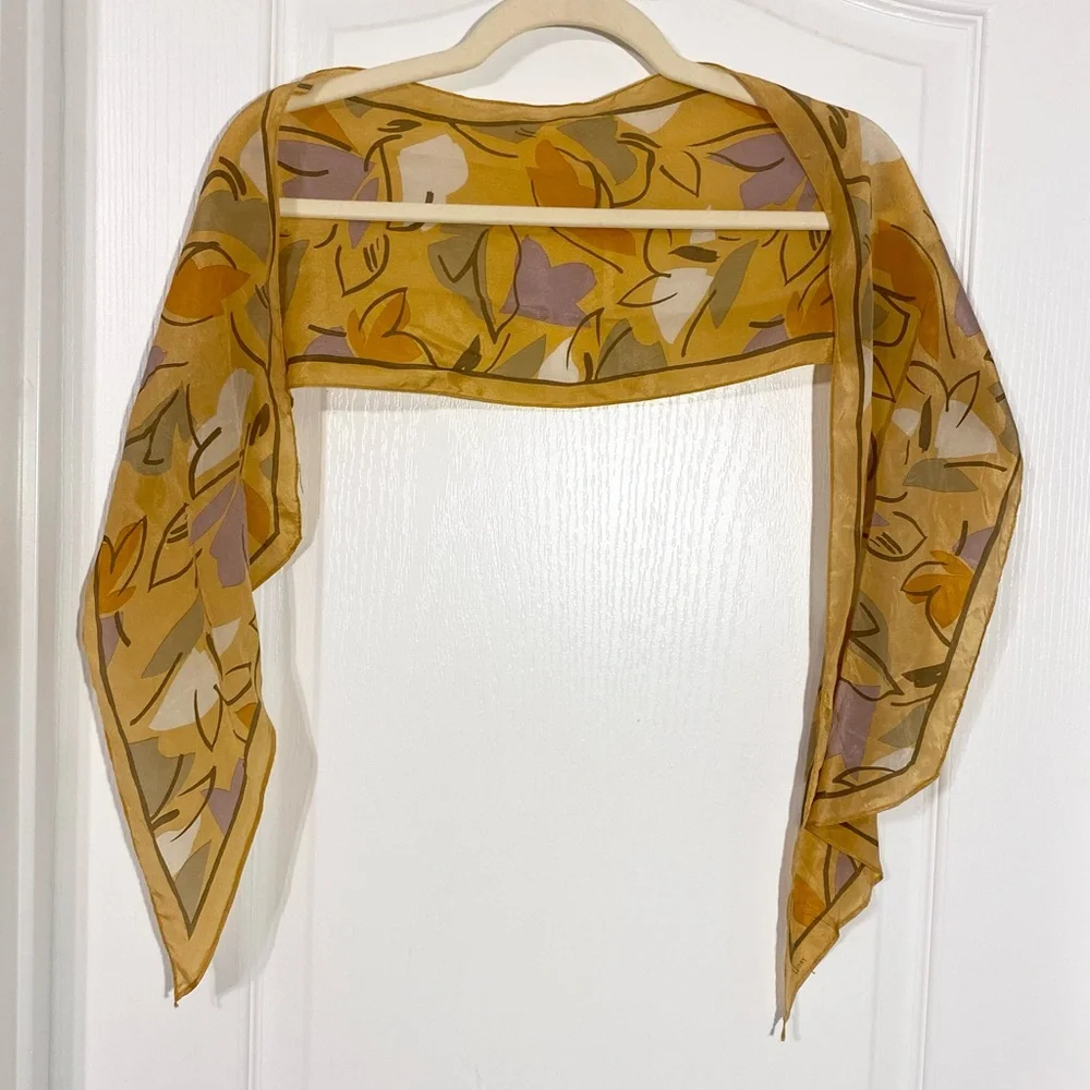 Vintage Honey SILK Abstract Floral Scarf 61”x8” Mustard